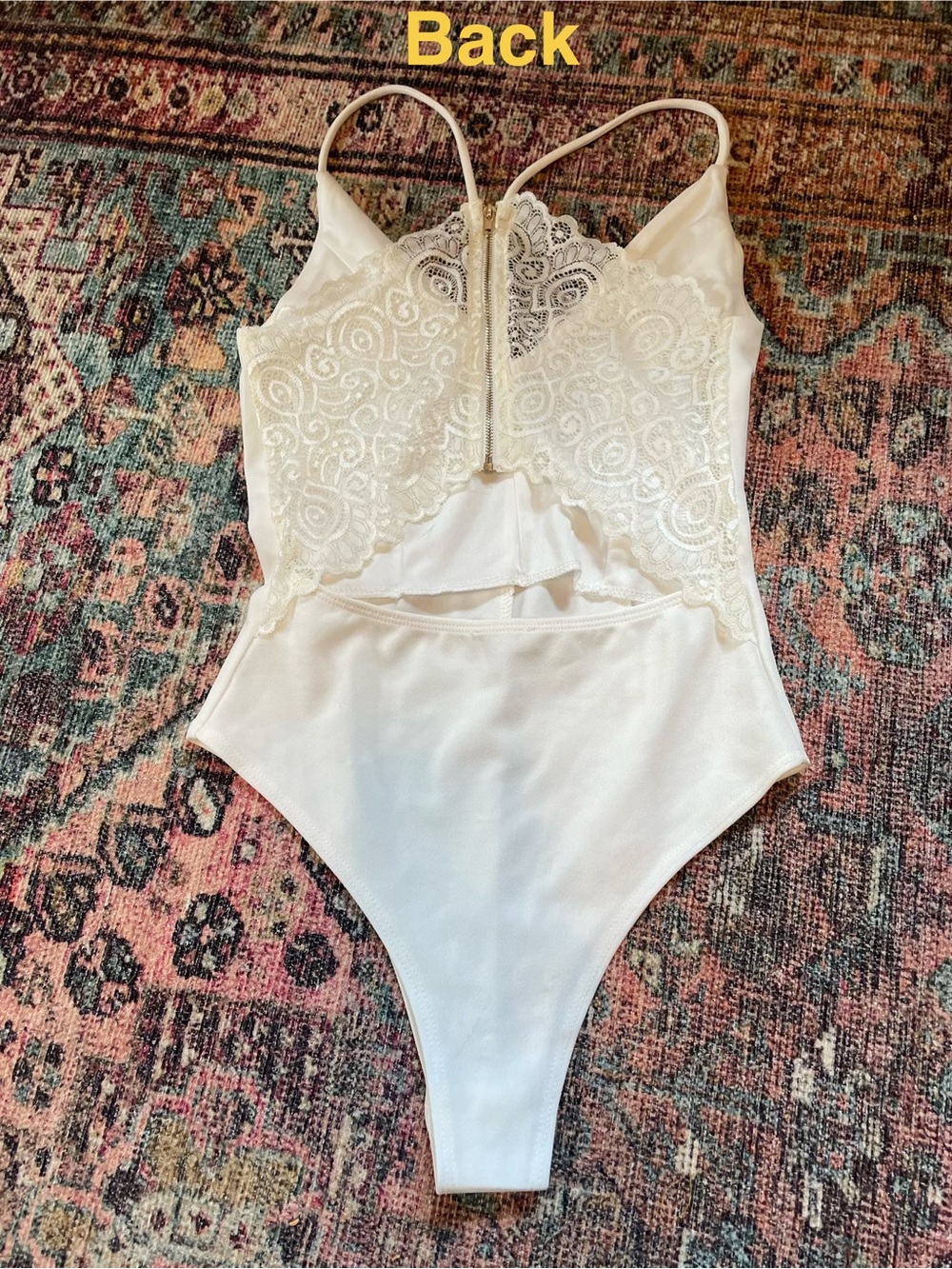 Fashion Nova Cream Spaghetti-Strap One-Piece Bodysuit with Back Lace Detail